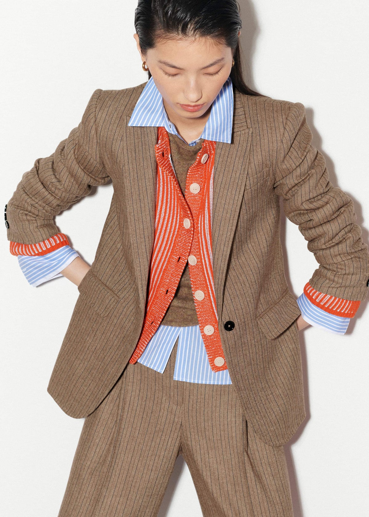 ME+EM Orange Contrast Rib Straight Cardigan