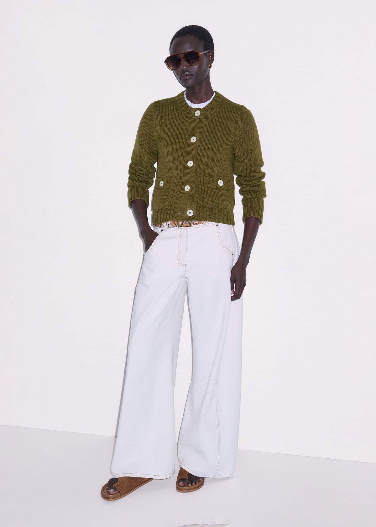 ME+EM Olive Green Straight Crop Cardigan
