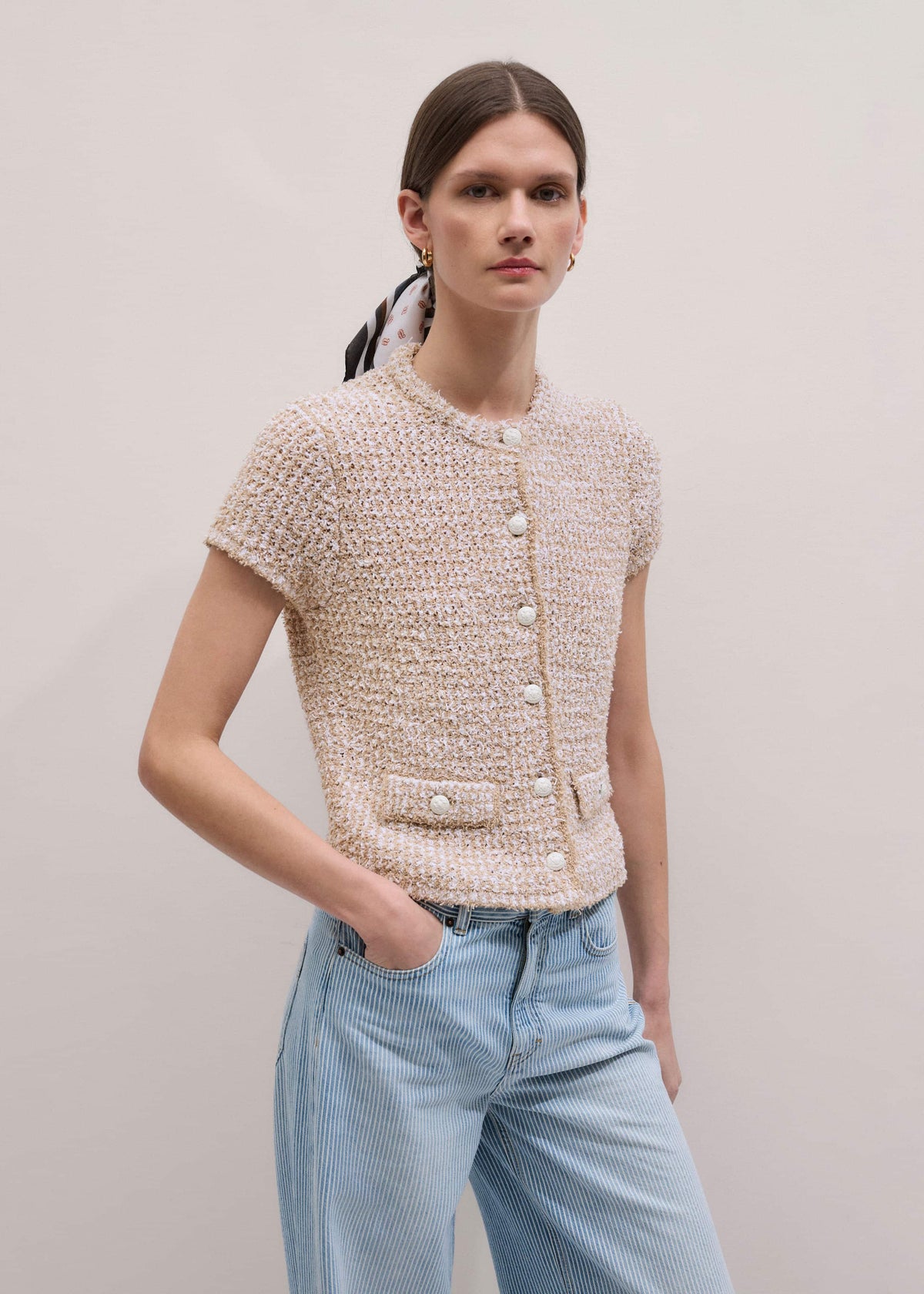ME+EM Cream Tweed Knit Pouf Shoulder Textured Crop Jacket
