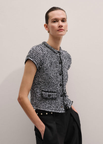ME+EM Black Tweed Knit Pouf Sleeve Crop Jacket