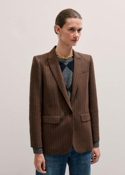 ME+EM Brown Pinstripe Sharp Shoulder Blazer