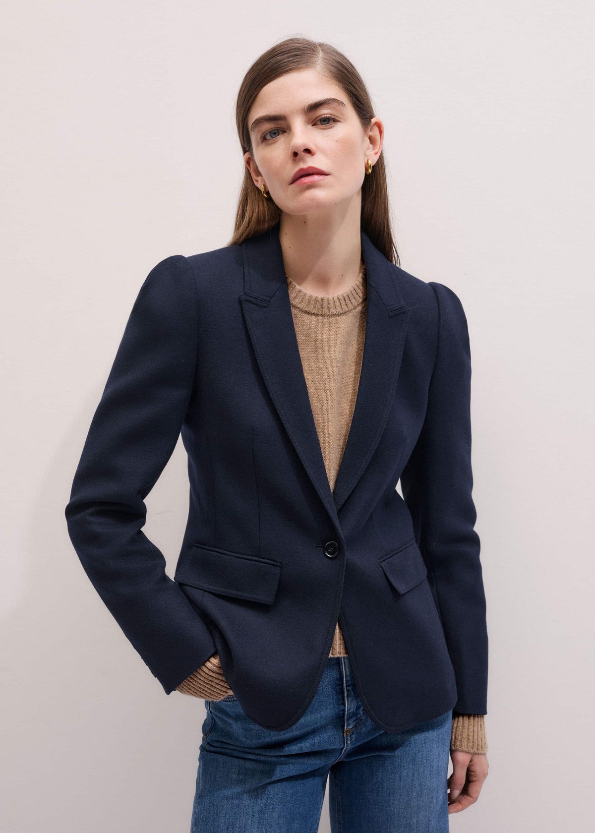 ME+EM Navy Feminine Sleeve Fitted Blazer