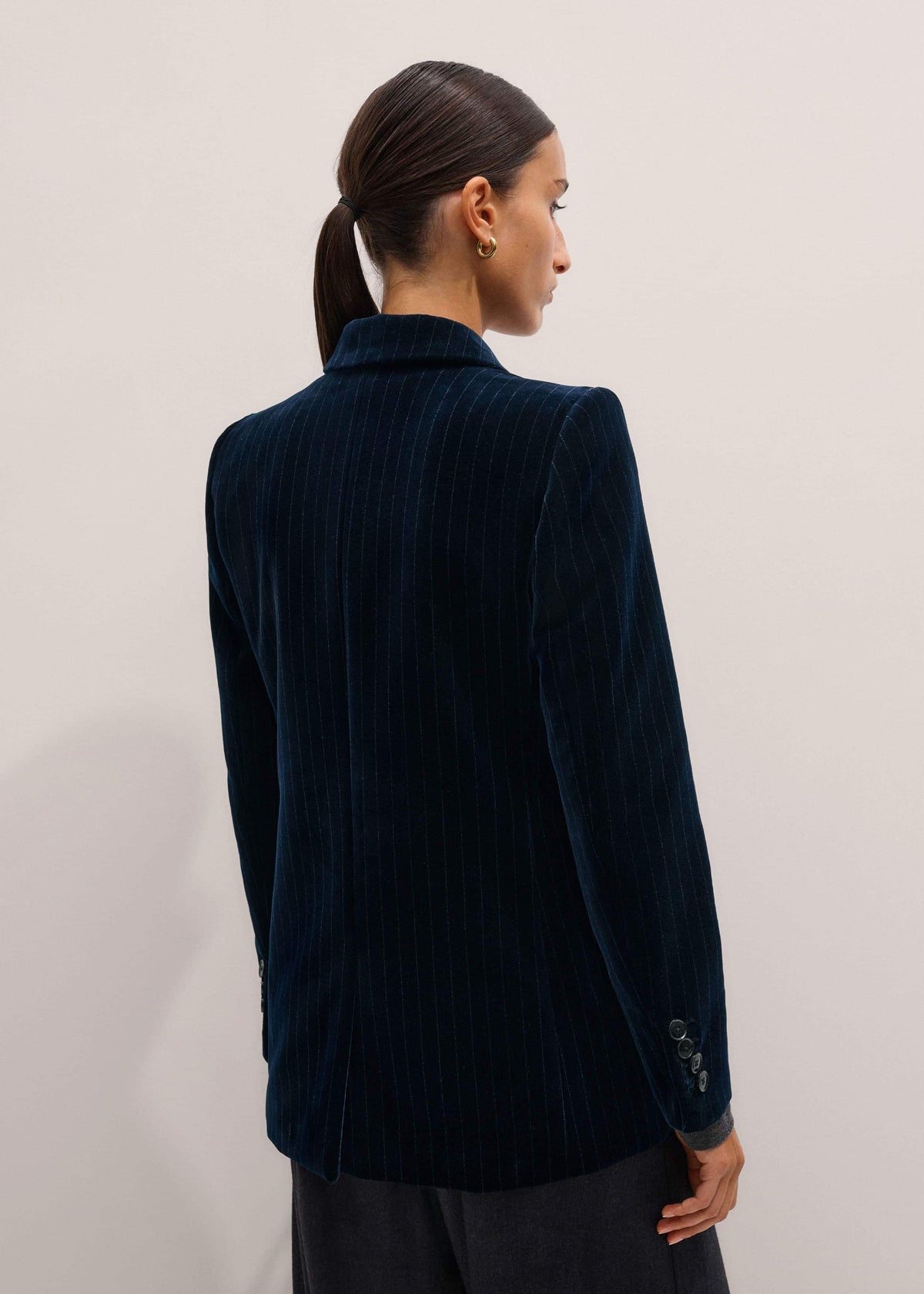ME+EM Navy Pinstripe Velvet Sharp Shoulder Blazer
