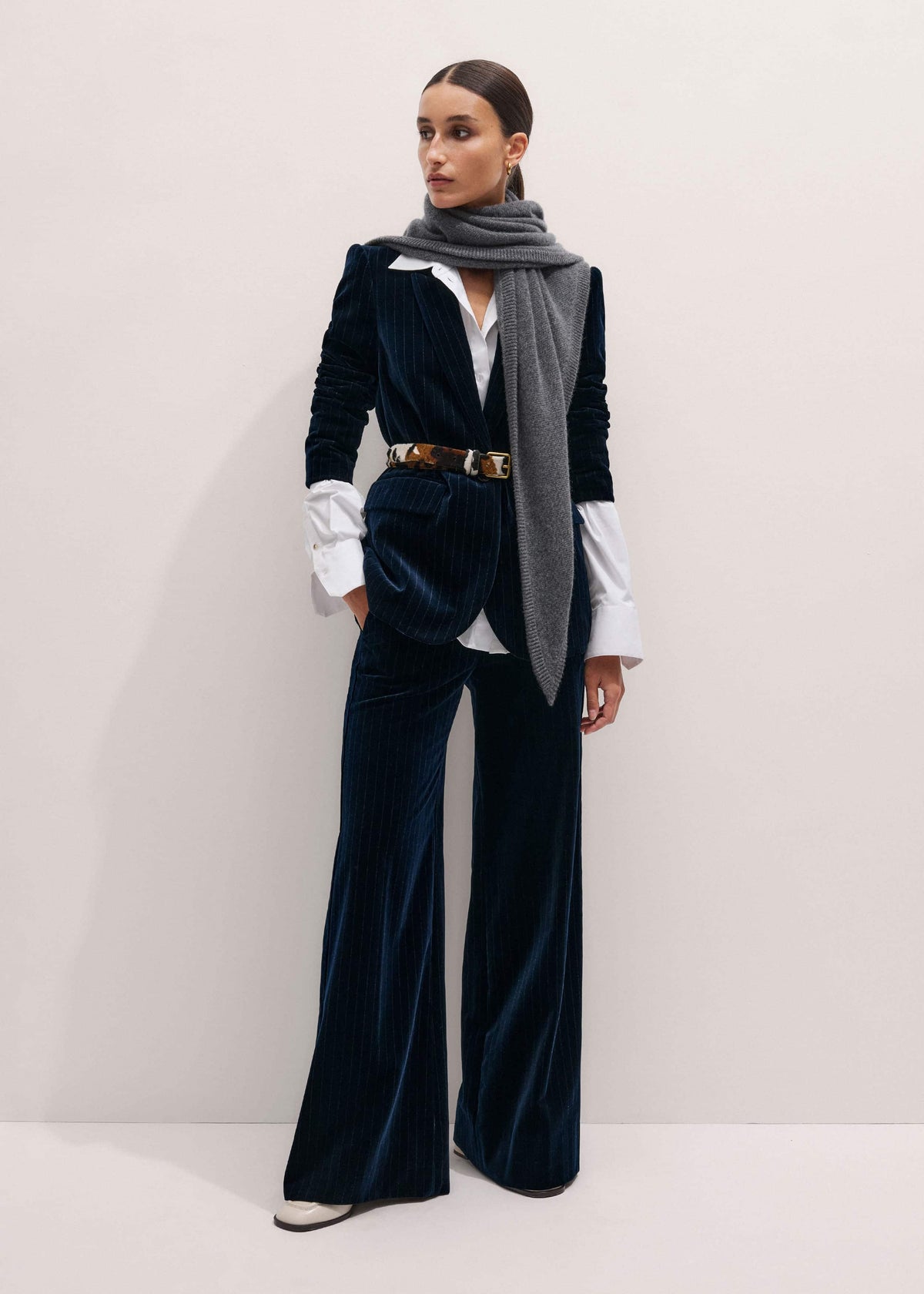 ME+EM Navy Pinstripe Velvet Sharp Shoulder Blazer