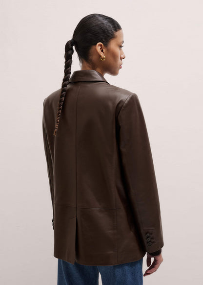 ME+EM Brown Leather Luxe Relaxed Boyfriend Blazer