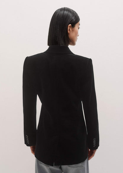 ME+EM Black Stretch Velvet Sharp Shoulder Blazer
