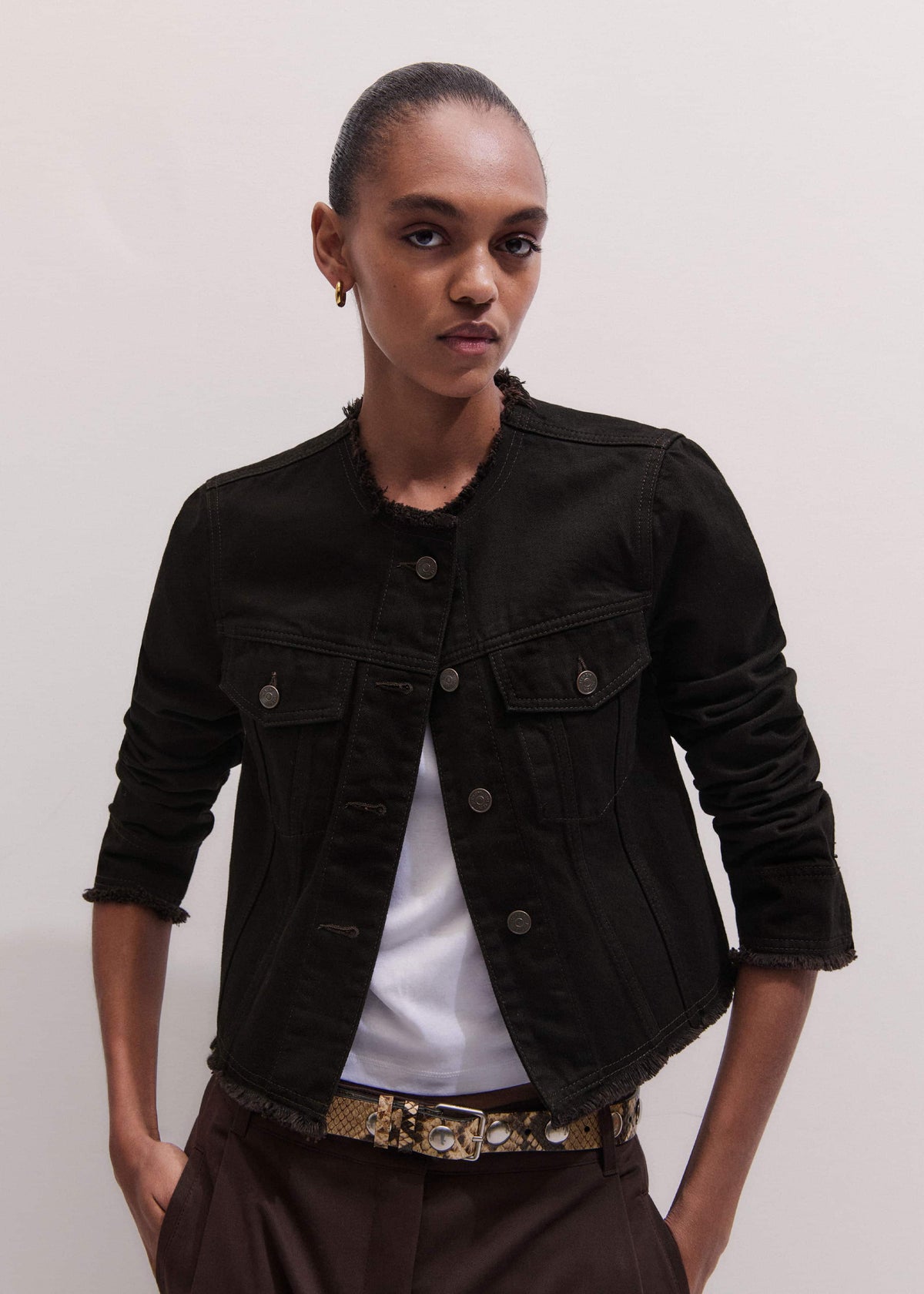 ME+EM Black Collarless Fray Jacket