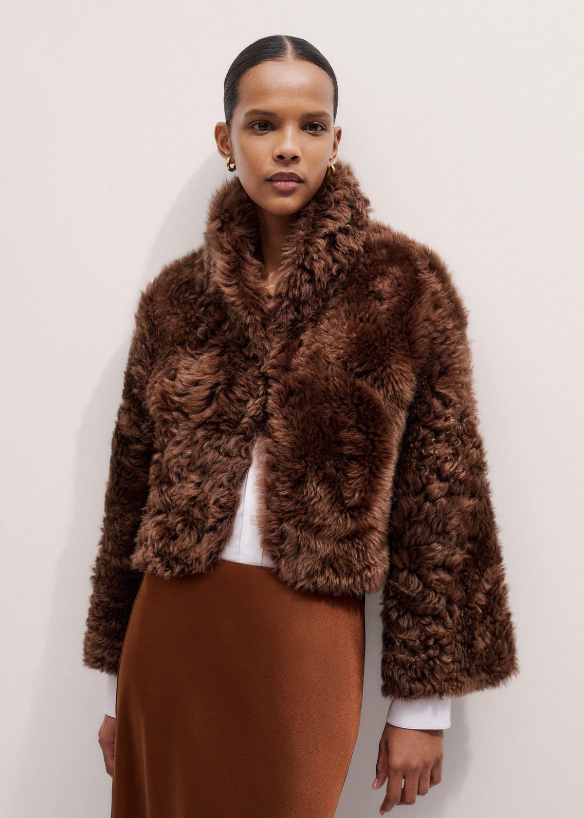 ME+EM Brown Luxe Shearling Evening Crop Jacket