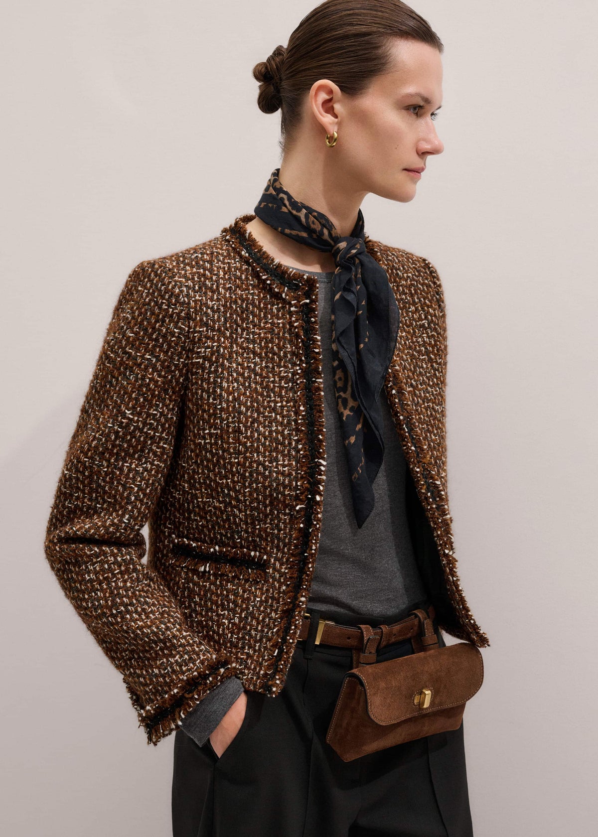 ME+EM Brown Slim Tweed Fringed Jacket