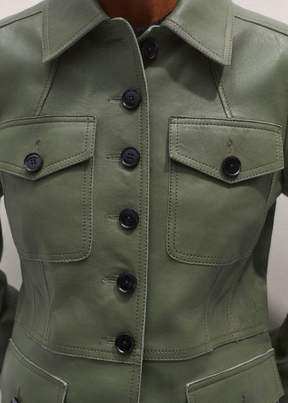 ME+EM Green Washed Leather Fitted Utility Jacket
