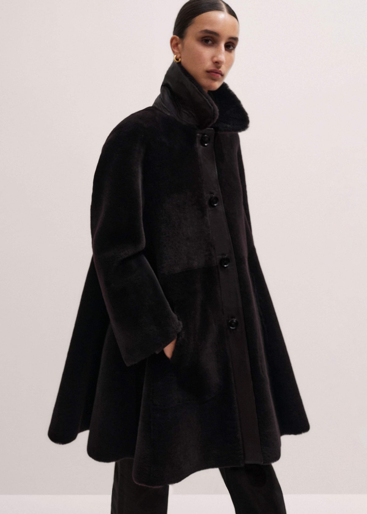 ME+EM Brown Luxe Shearling Leather Mix Swing Coat