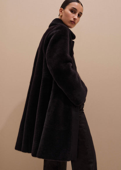 ME+EM Brown Luxe Shearling Leather Mix Swing Coat