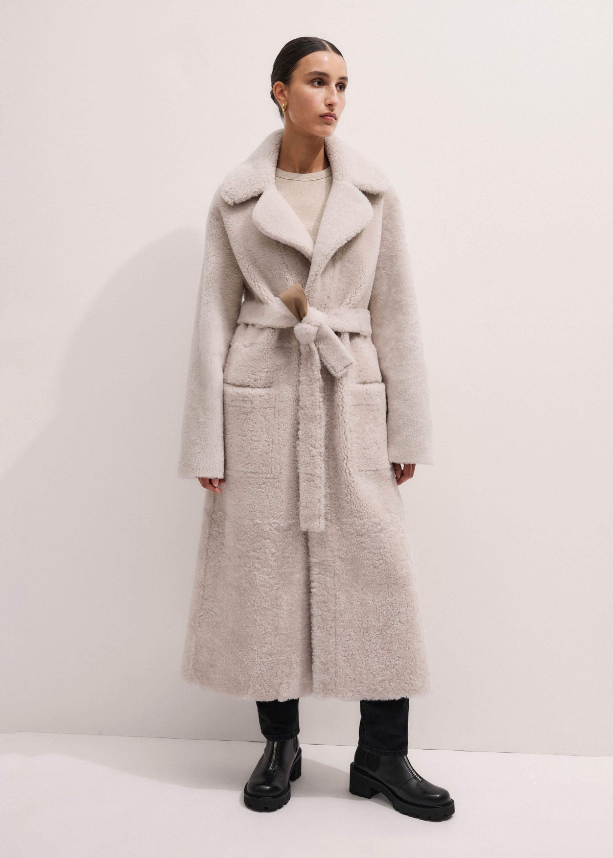 ME+EM Cream Reversible Shearling Coat + Belt