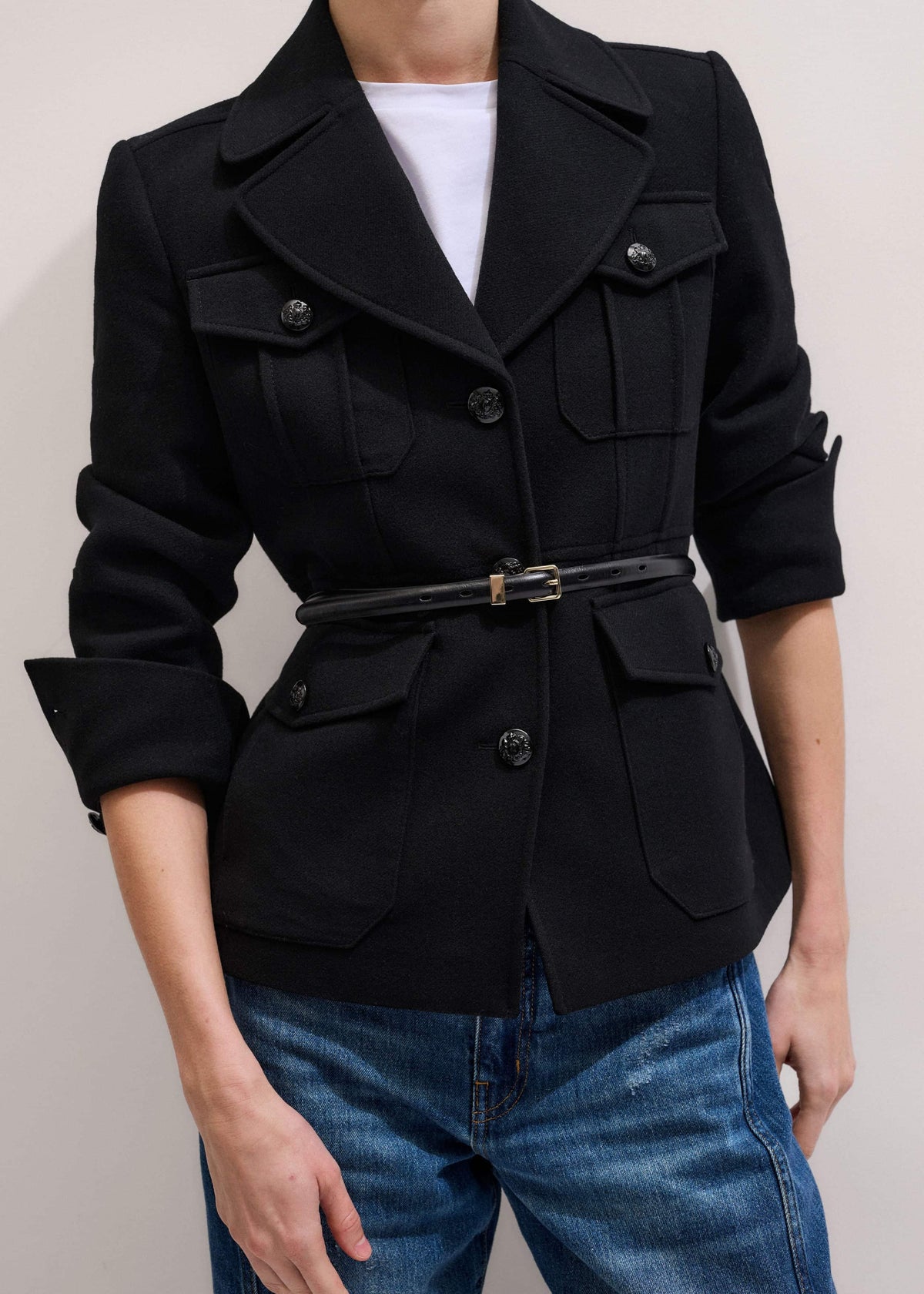 ME+EM Black Longline Fitted Military Jacket