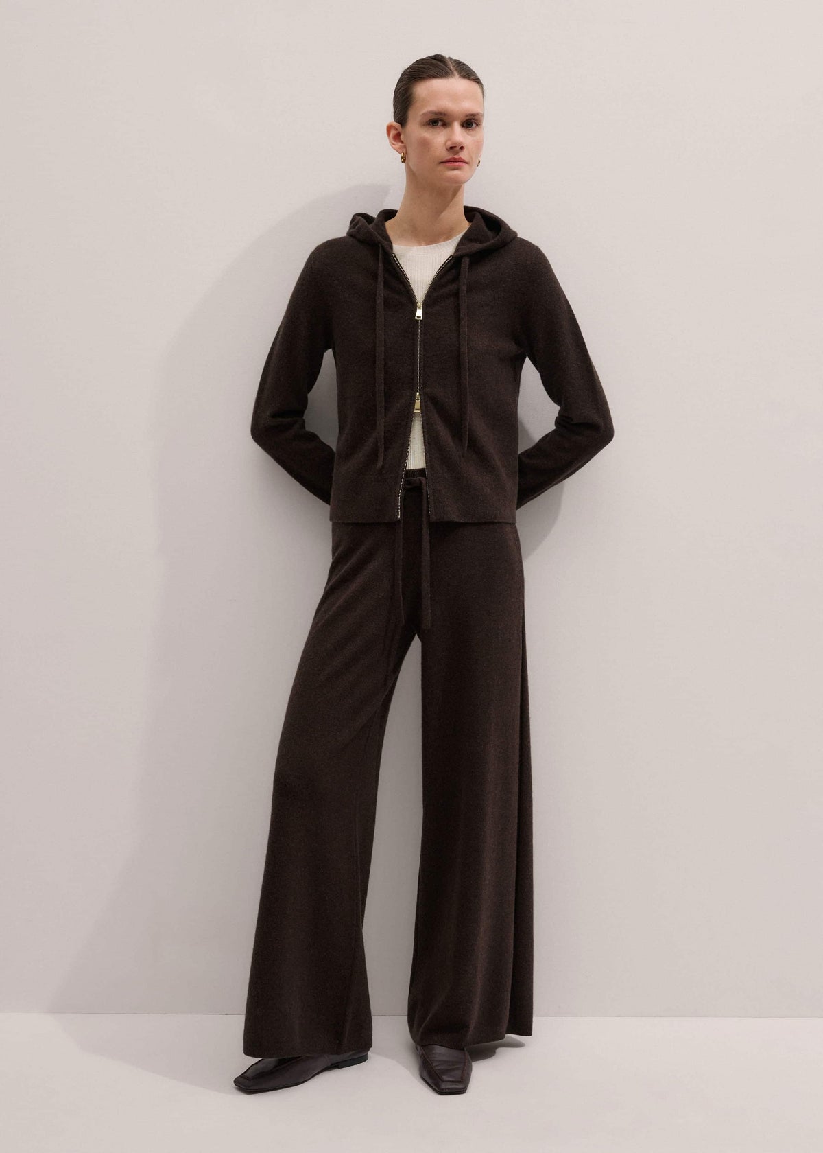 ME+EM Brown Cashmere Straight Hoodie + Wide-Leg Pant Knitted Co-ord