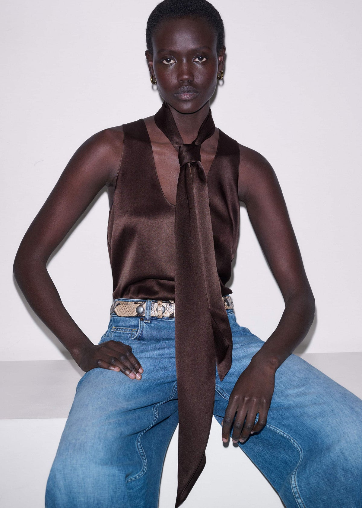 ME+EM Brown Silk Satin Evening Scarf